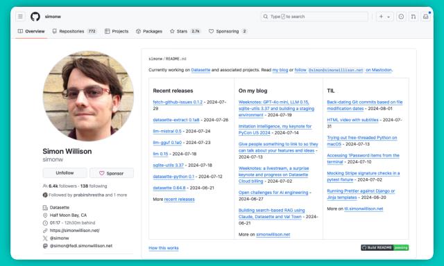 A screenshot of @SimonW&rsquo;s GitHub Profile