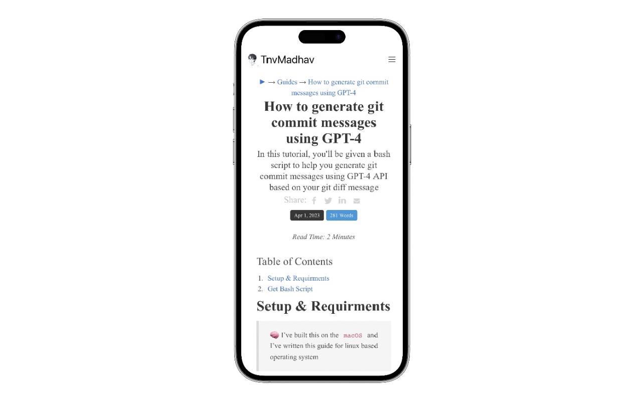 A mockup of the blog post named "How to generate git commit messages using GPT-4" by TnvMadhav.
