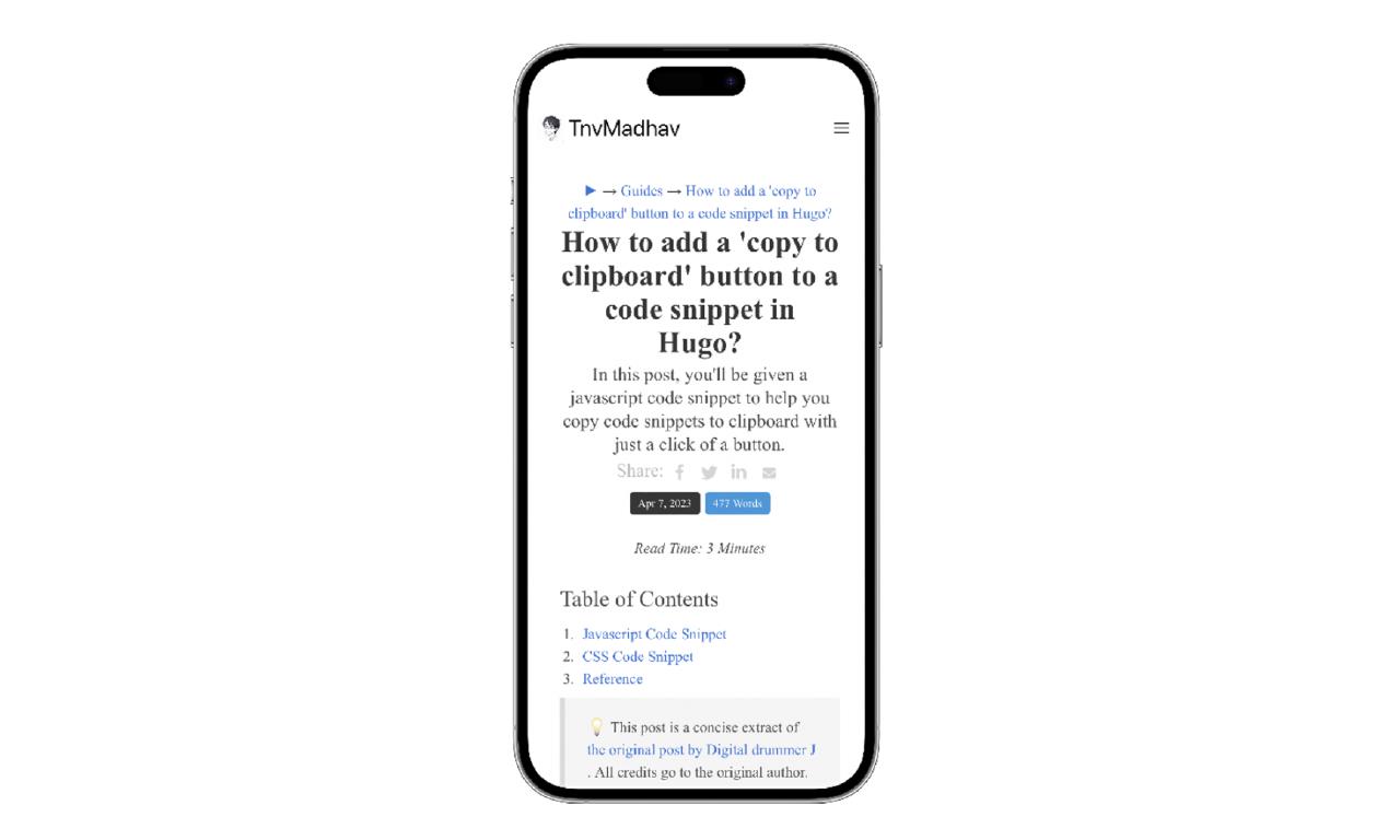 A screenshot of the blogpost by TnvMadhav to help you copy code to clipboard with a click of a button.