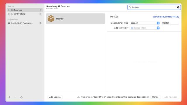 A Screenshot of Swift Package Additional Dialog Box