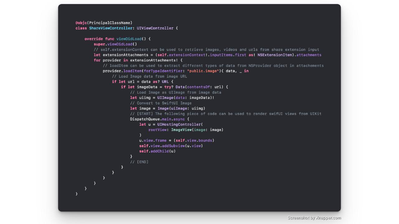 A screenshot of code-snippet to build a share extension in Swift in iOS