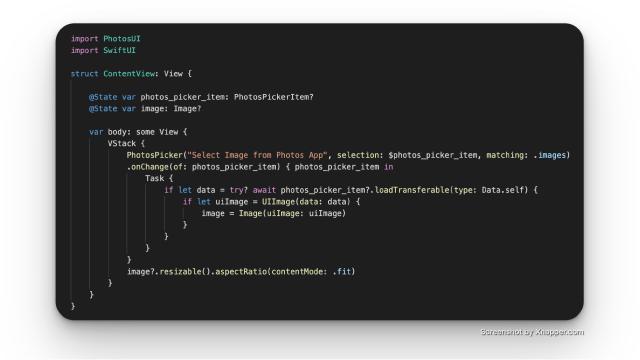 Code Snippet Image on using PhotosPicker in SwiftUI XCode
