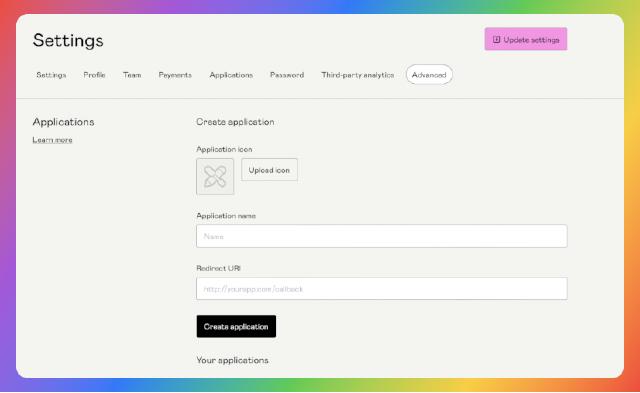 A screenshot of Gumroad Dashboard where an application instance can be created