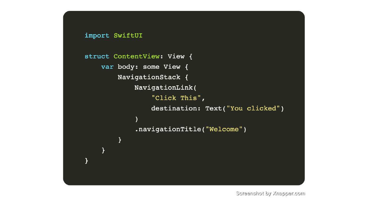 A screenshot of code-snippet to use NavigationStack in SwiftUI in iOS