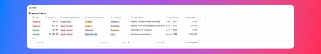 A Screenshot of Transactions Database in Notion Budget Template